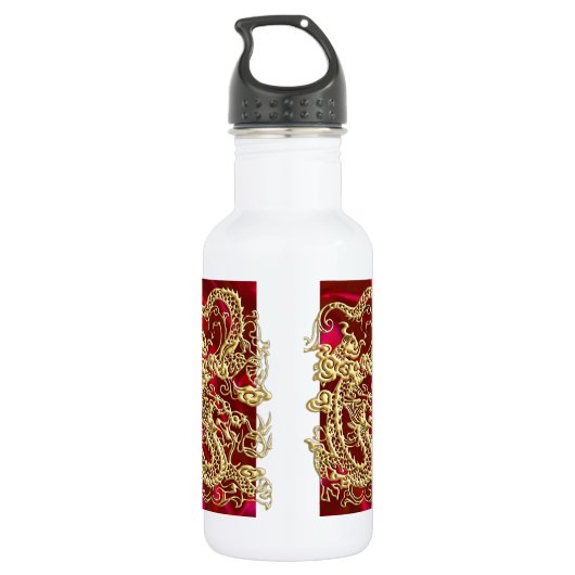 Gouddraak in reliëf op rode plaat waterfles  (Achterkant)