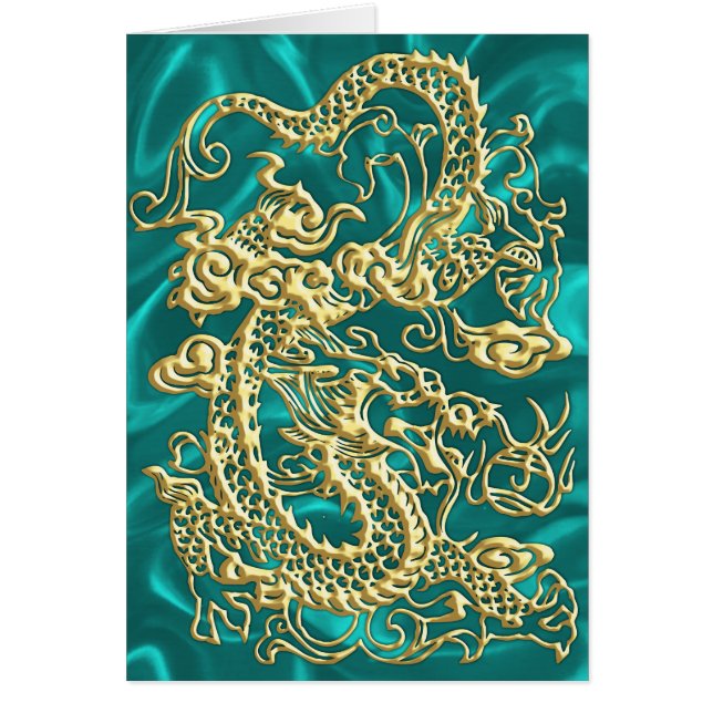 Gouddraak in reliëf op Turquoise Satin Print (Voorkant)