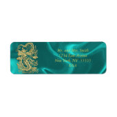 Gouddraak in reliëf op Turquoise Satin Print Etiket (Voorkant)