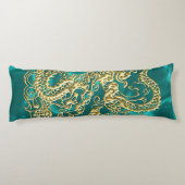 Gouddraak in reliëf op Turquoise Satin Print Lichaamskussen (Achterkant)