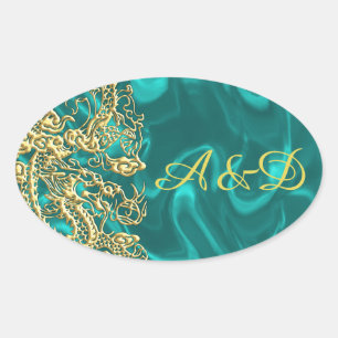 Gouddraak in reliëf op Turquoise Satin Print Ovale Sticker