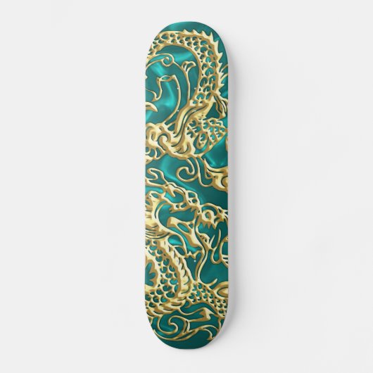 Gouddraak in reliëf op Turquoise Satin Print Persoonlijk Skateboard (Voorkant)