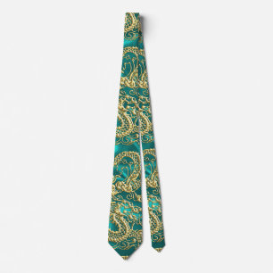 Gouddraak in reliëf op Turquoise Satin Print Stropdas