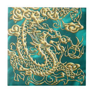 Gouddraak in reliëf op Turquoise Satin Print Tegeltje
