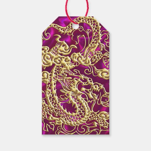 Gouddraak Magenta Satin Print Cadeaulabel (Voorkant)