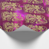 Gouddraak Magenta Satin Print Cadeaupapier (Hoek)