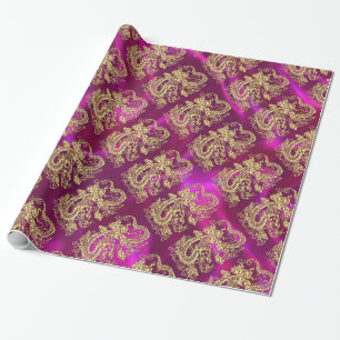 Gouddraak Magenta Satin Print Cadeaupapier