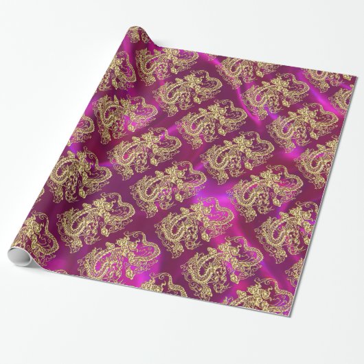 Gouddraak Magenta Satin Print Cadeaupapier (Uitgerold)