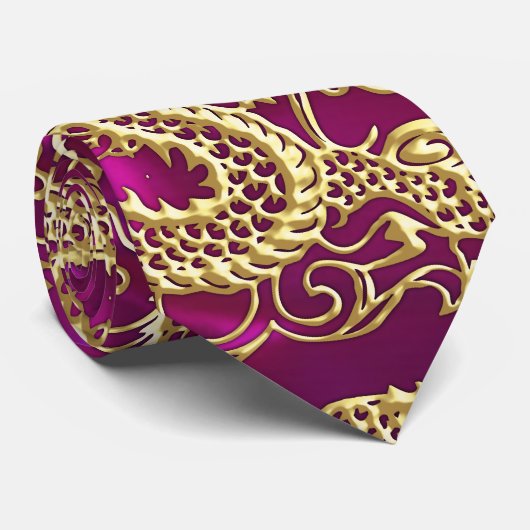 Gouddraak Magenta Satin Print Stropdas (Opgerold)