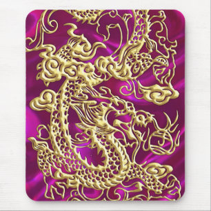 Gouddraak op magenta satin muismat