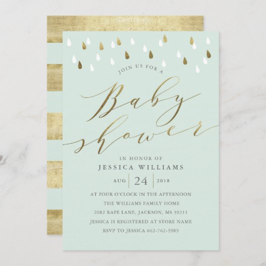 Gouddruppels en script baby shower nodigen uit in  kaart (Voorkant / Achterkant)