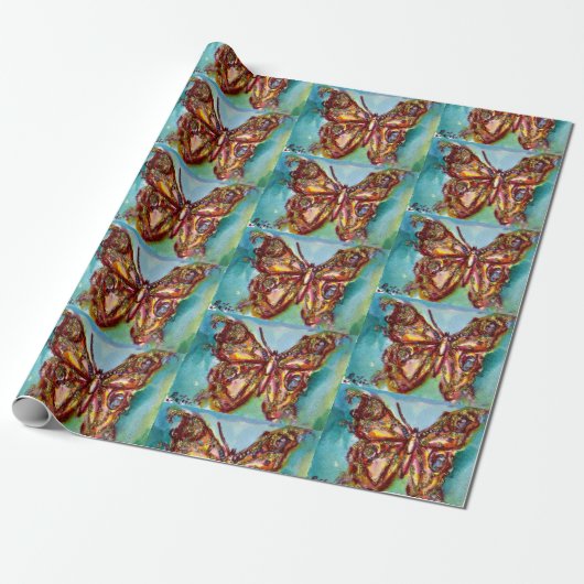 GOUDE BUTTERFLES IN BLUE Waterverf Wrapping Paper Cadeaupapier (Uitgerold)