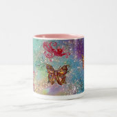 GOUDE BUTTERFLES IN SPARKLES 2 roze rood blauw gro Tweekleurige Koffiemok (Center)