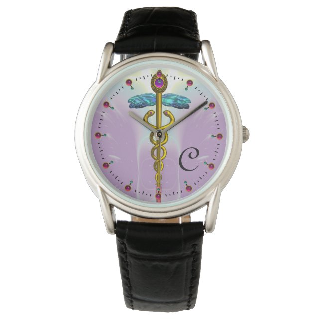 GOUDE CADUCEUS MET CELTISCHE KNOTEN Lila MONOGRAM Horloge (Voorkant)