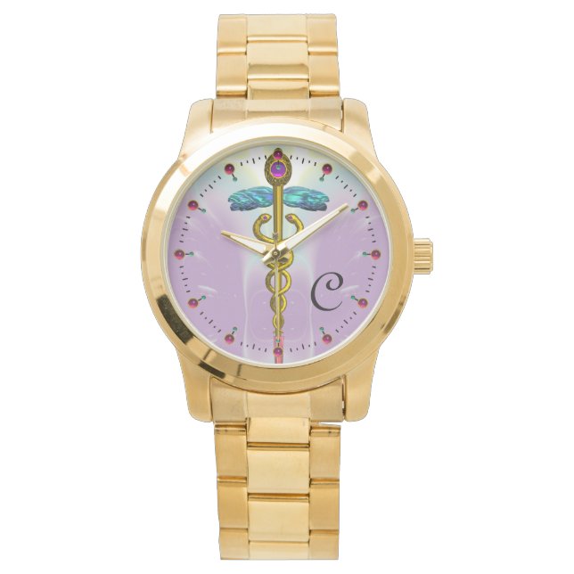 GOUDE CADUCEUS MET CELTISCHE KNOTEN Lila MONOGRAM Horloge (Voorkant)