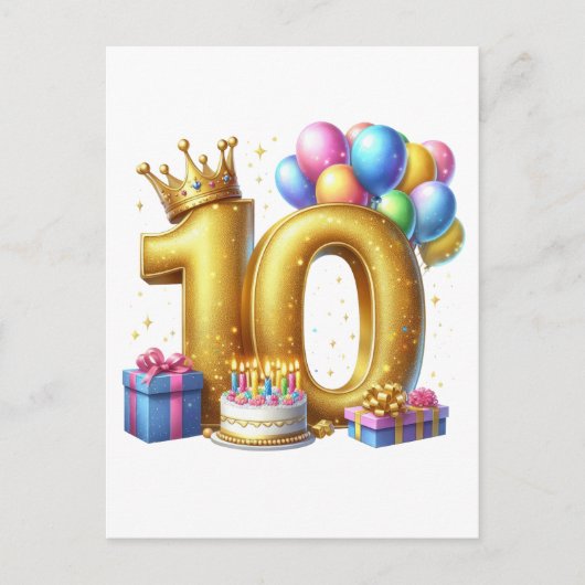 Gouden 10e verjaardag briefkaart (Voorkant)