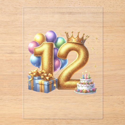 Gouden 12e verjaardag acryl uitnodigingen (Voorkant)