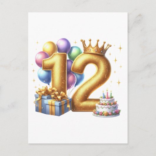 Gouden 12e verjaardag feestdagenkaart (Voorkant)