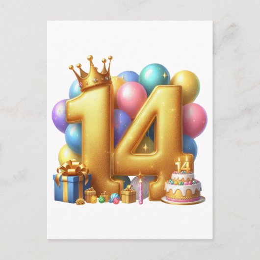 Gouden 14e verjaardag briefkaart (Voorkant)