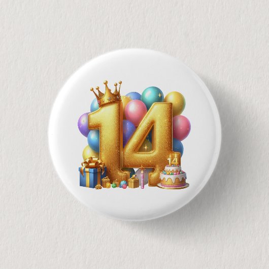 Gouden 14e verjaardag ronde button 3,2 cm (Voorkant)