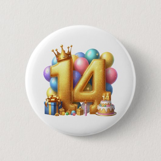 Gouden 14e verjaardag ronde button 5,7 cm (Voorkant)