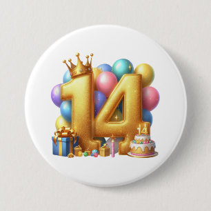 Gouden 14e verjaardag ronde button 7,6 cm