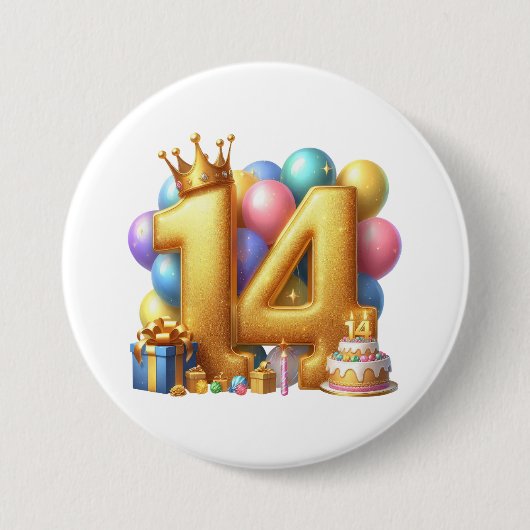 Gouden 14e verjaardag ronde button 7,6 cm (Voorkant)