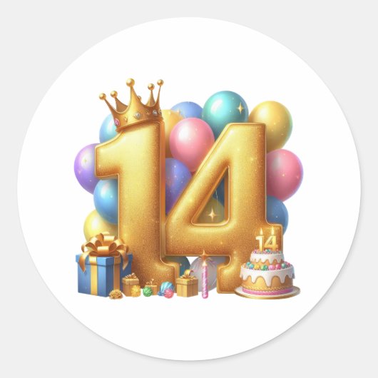 Gouden 14e verjaardag ronde sticker (Voorkant)