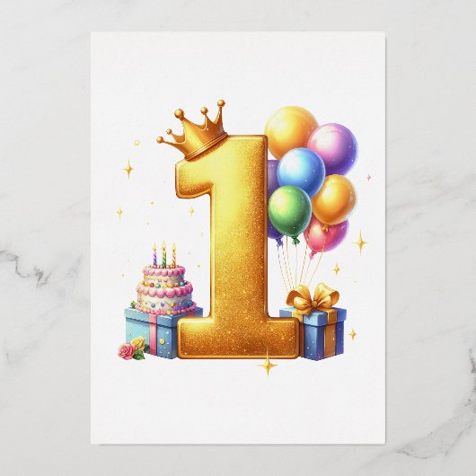 Gouden 1e verjaardag folie uitnodiging (Voorkant)