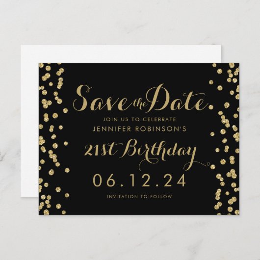 Gouden 21e verjaardag Save The Date-confetti Zwart Aankondigingskaart (Voorkant / Achterkant)