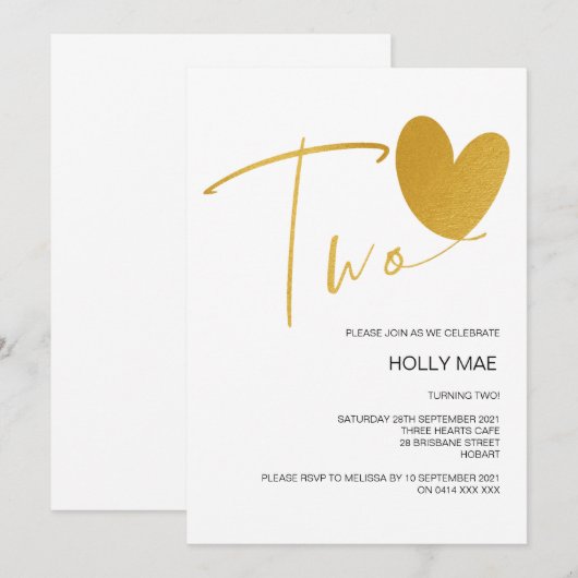 Gouden 2e Verjaardag Uitnodiging Twee Verjaardag H (Voorkant / Achterkant)
