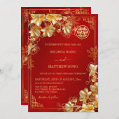 Gouden 3 D Bloemen Chinese bruiloft Kaart (Voorkant / Achterkant)