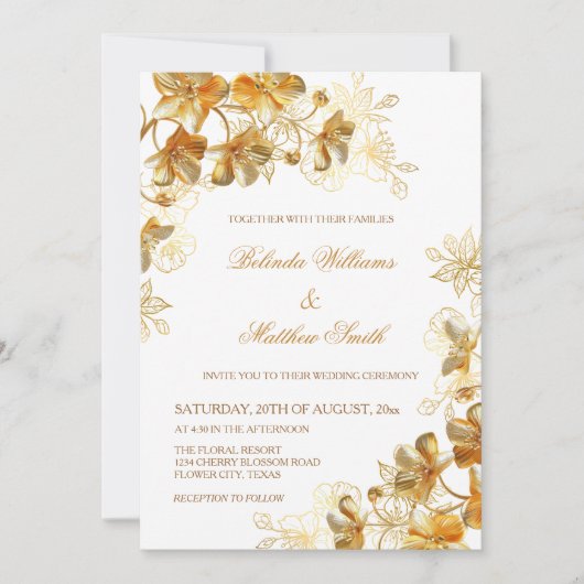 Gouden 3D-bloemen Wit Kaart (Voorkant)