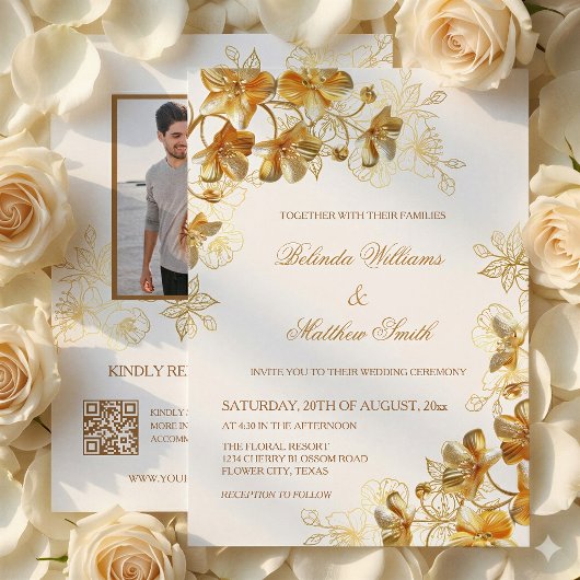 Gouden 3D-bloemen Wit Kaart
