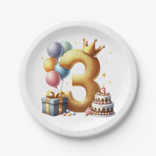 Gouden 3e verjaardag papieren bordje (Voorkant)