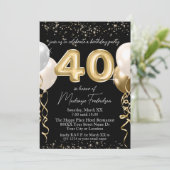 Gouden 40e verjaardag ballonnen op zwart kaart (Staand voorkant)