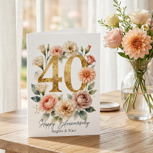 Gouden 40e verjaardag Blush Roze Waterverf Bloemen Kaart
