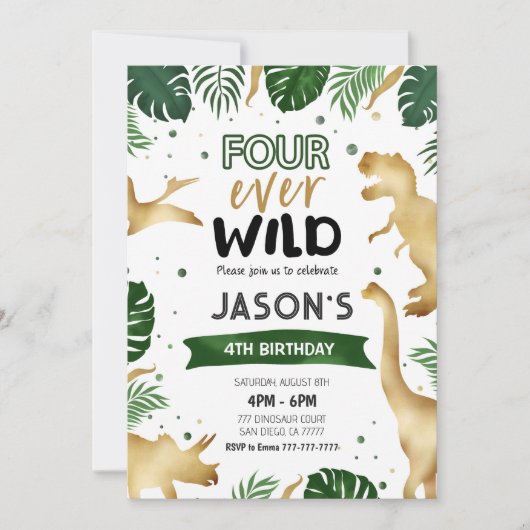 Gouden 4e Dinosaurus Verjaardagsfeest Kaart (Voorkant)