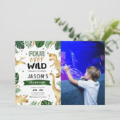 Gouden 4e Dinosaurus Verjaardagsfeestfoto Kaart (Staand voorkant)