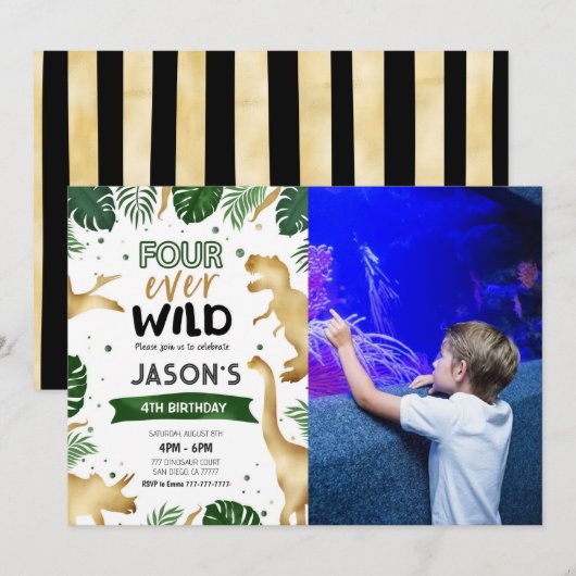 Gouden 4e Dinosaurus Verjaardagsfeestfoto Kaart (Voorkant / Achterkant)
