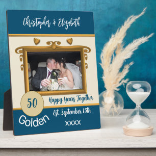 Gouden 50 jaar jubileum voeg namen foto blauw toe fotoplaat