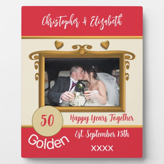 Gouden 50 jaar jubileum voeg namen foto rood fotoplaat (Voorkant)