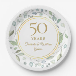 Gouden 50-jarig huwelijksjubileum lauriergroen papieren bordje