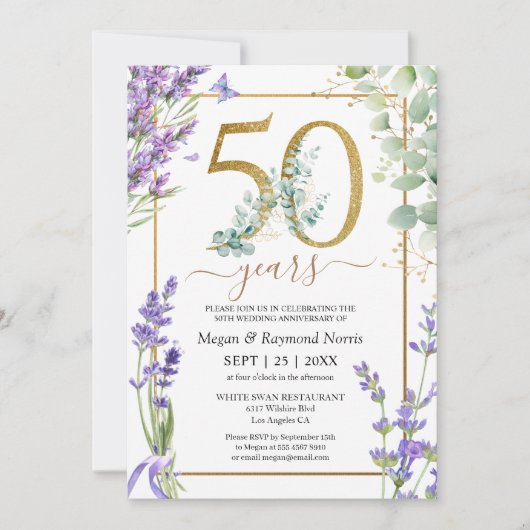 Gouden 50e bruiloft Jubileum Paarse Lavendel Kaart (Voorkant)