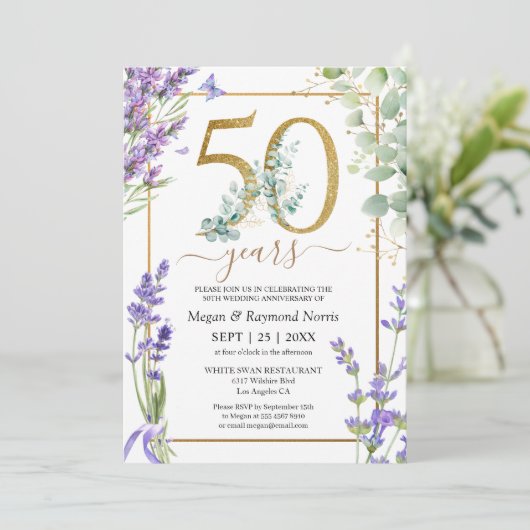 Gouden 50e bruiloft Jubileum Paarse Lavendel Kaart (Staand voorkant)