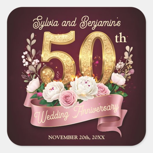 Gouden 50e bruiloft Jubileum Rozen Laurel Krans Vierkante Sticker (Voorkant)