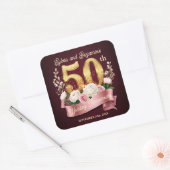 Gouden 50e bruiloft Jubileum Rozen Laurel Krans Vierkante Sticker (Envelop)