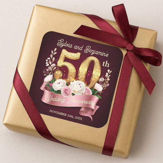 Gouden 50e bruiloft Jubileum Rozen Laurel Krans Vierkante Sticker
