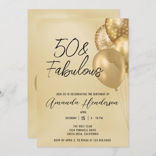 Gouden 50e en Fabulous 50e verjaardagsuitnodiging Kaart (Voorkant / Achterkant)