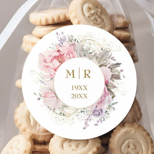 Gouden 50e huwelijksjubileum roze pioen bloem ronde sticker